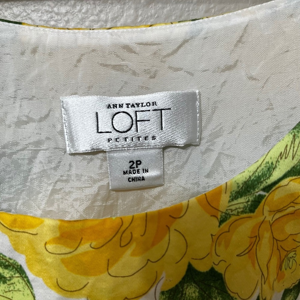 Ann Taylor LOFT Petites Yellow Floral Rose Fit Flare Dress Cotton 2P 126812 - Picture 3 of 9